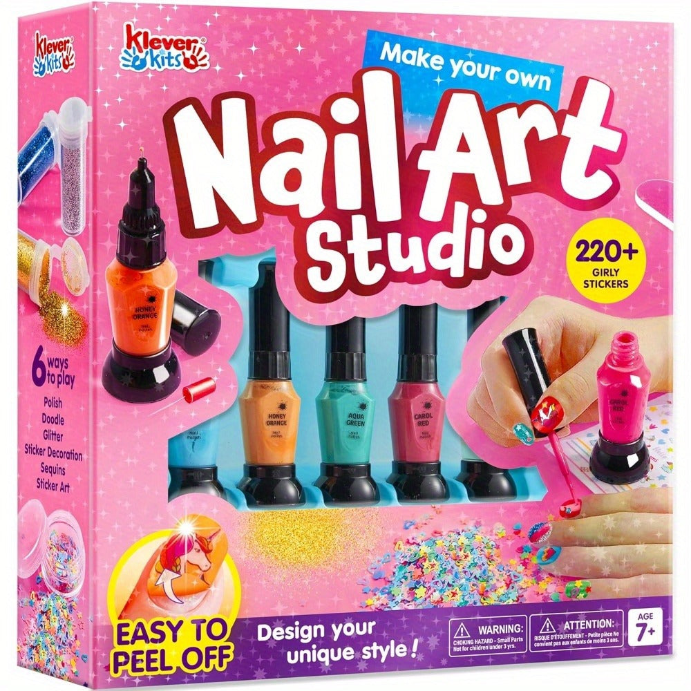 Kids Nail Art Kit for Girls – Non-Toxic Nail Polish Set with Glitter Stickers & Sequins 220+ Designs – Complete Children Nail Studio Creative Gift for Ages 7+ Birthday Christmas Sleepover Spa Party