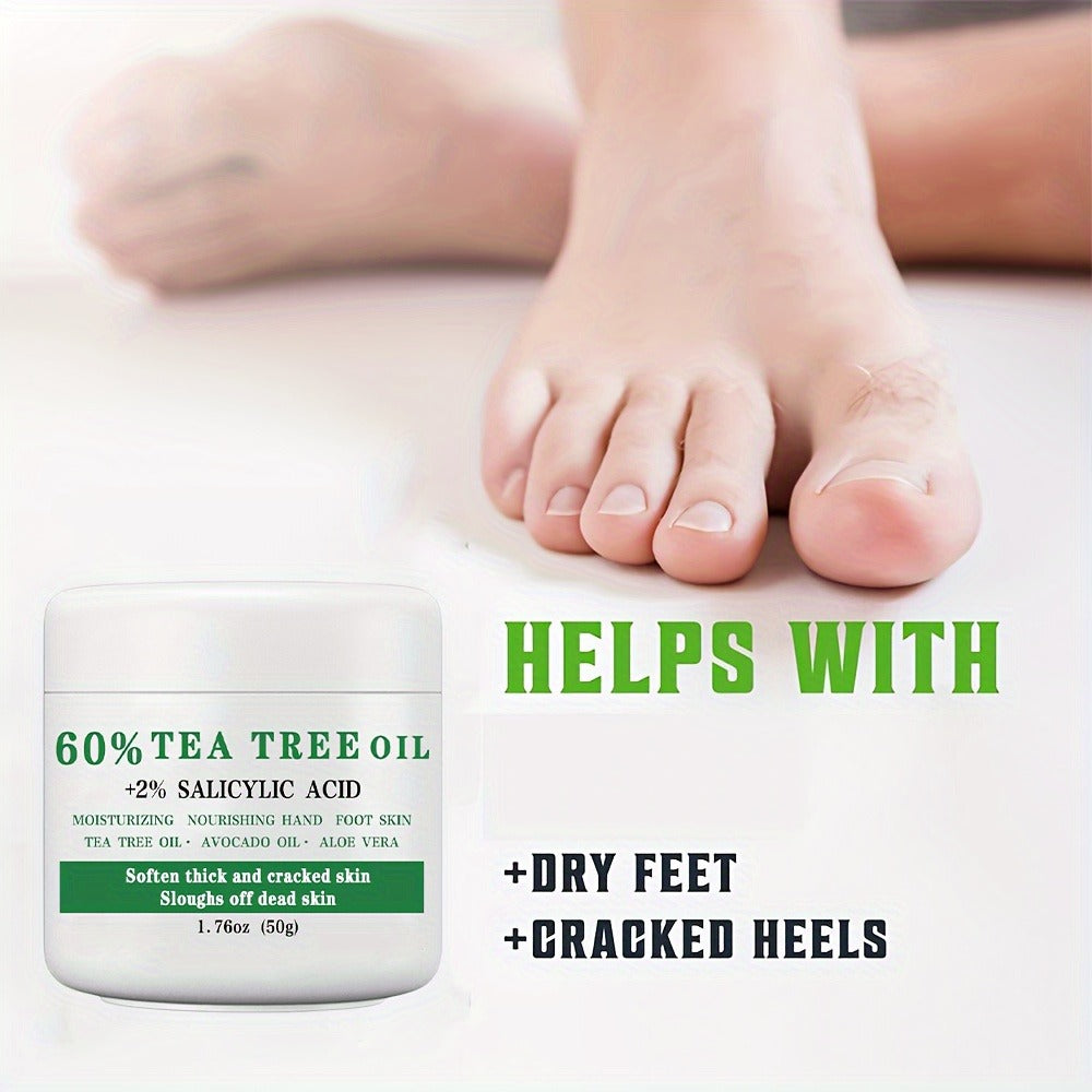 Tea Tree Oil Foot Cream 50g - 60% Tea Tree Oil & 2% Salicylic Acid Foot Balm for Dry Cracked Heels & Calluses, Aloe Vera & Mint Cooling Nourishing Foot Care Treatment