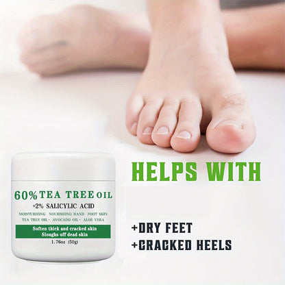 Tea Tree Oil Foot Cream 50g - 60% Tea Tree Oil & 2% Salicylic Acid Foot Balm for Dry Cracked Heels & Calluses, Aloe Vera & Mint Cooling Nourishing Foot Care Treatment