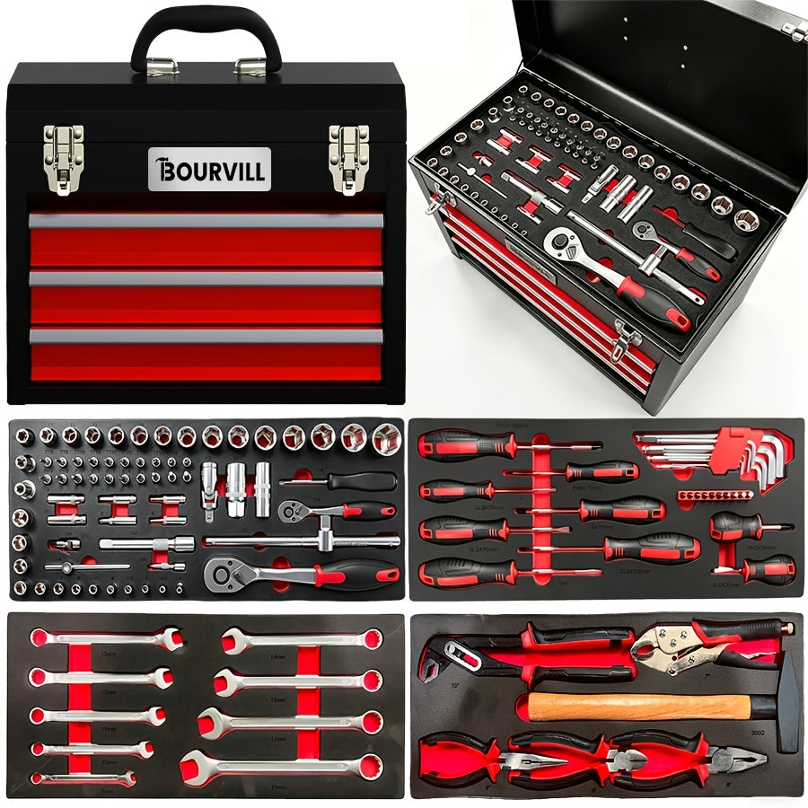 BOURVILL 52+1/108/321pcs Three-Drawer Hardware Tool Storage Box | Portable Self-Locking Toolbox | Automotive Repair Tool Set | Ideal for Organizing And Storing Hardware | Suitable for Automotive, Motorcycle, And Home Repair Work
