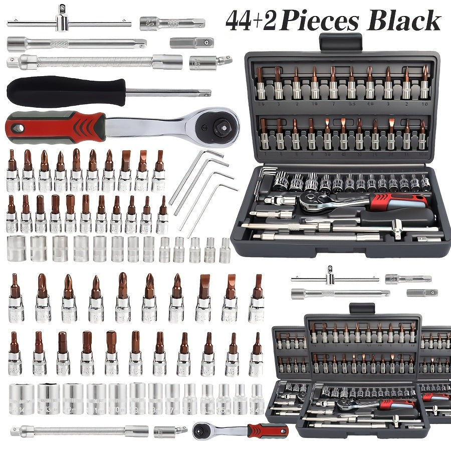 High-end Professional 45+1/44+2/52+1pc Tool Set, Auto/bicycle Repair Machinery Kit, 1/2 Inch *1/4 Inch 3/8 Inch Drive Depth And Standard Wrench Set, Race-grade Auto Parts Repair Ratchet Wrench And Other Auto Repair Accessories Tool Set