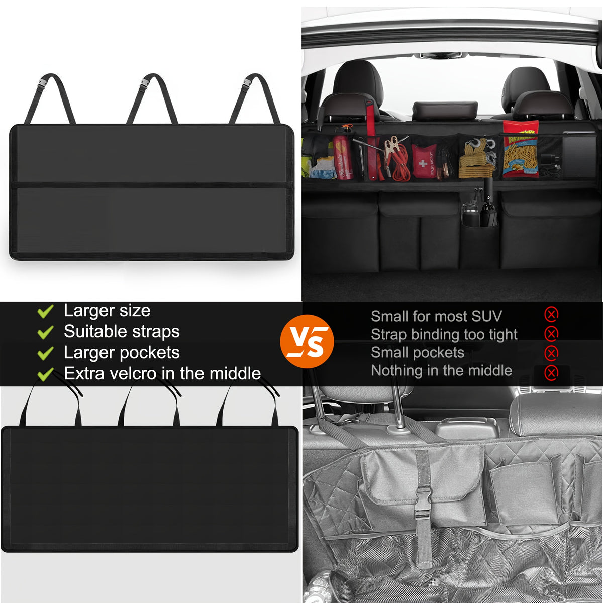 QIANKUNBAG Car Trunk Organizer, Large Capacity Vehicle Backseat Hanging Storage Bag with 9 Pockets, Space Saving Auto Seat Back Cargo Organizing Additions, Universal for SUV, Truck, Van