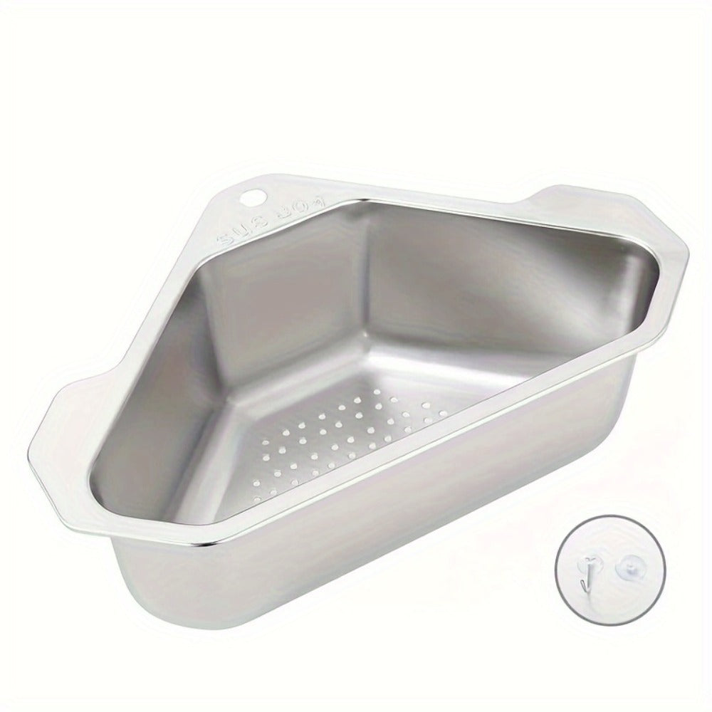 Kitchen Drain Strainer Basket 304 Stainless Steel Triangular Corner Sink Filter – Food Scrap & Leftover Catcher for Kitchen Sink & Wash Basin, Rust-Proof Easy Clean Drain Basket Silver