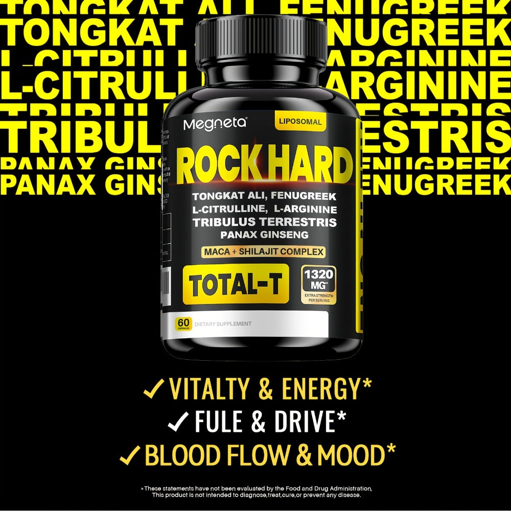 Rock Hard Supplements 180 Capsules 90-Day Supply — L-Arginine, Tongkat Ali, Tribulus & Fenugreek Plant Blend for Men's Energy, Drive & Heart Health
