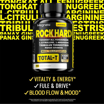 Rock Hard Supplements 180 Capsules 90-Day Supply — L-Arginine, Tongkat Ali, Tribulus & Fenugreek Plant Blend for Men's Energy, Drive & Heart Health