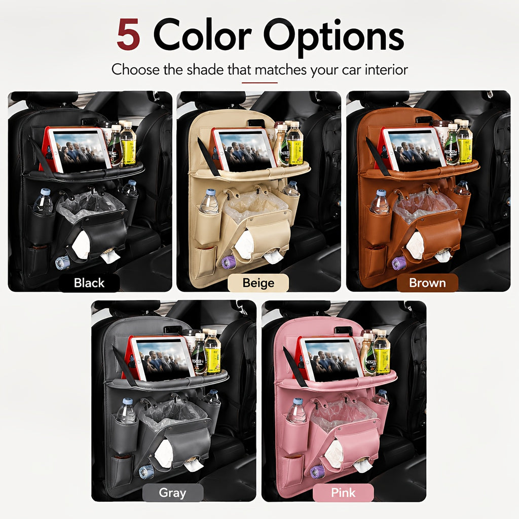 QIANKUNBAG Car Back Seat Organizer with Foldable Tray Interior Tissue Holder, Footrest Protector, And Multi-Pocket Hanging Storage Bag - Durable PU Fabric for Shopping & Essentials Car Seat Organizatio(Pink Black Grey Brown Beige)