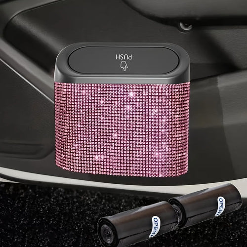 Car Trash Can with Lid & Rhinestone Bling – Hanging Leakproof Auto Garbage Bin with 2 Trash Bags, Concealed Interior Storage for Vehicle Door, Seat Back, Home & Office (3pcs Set)