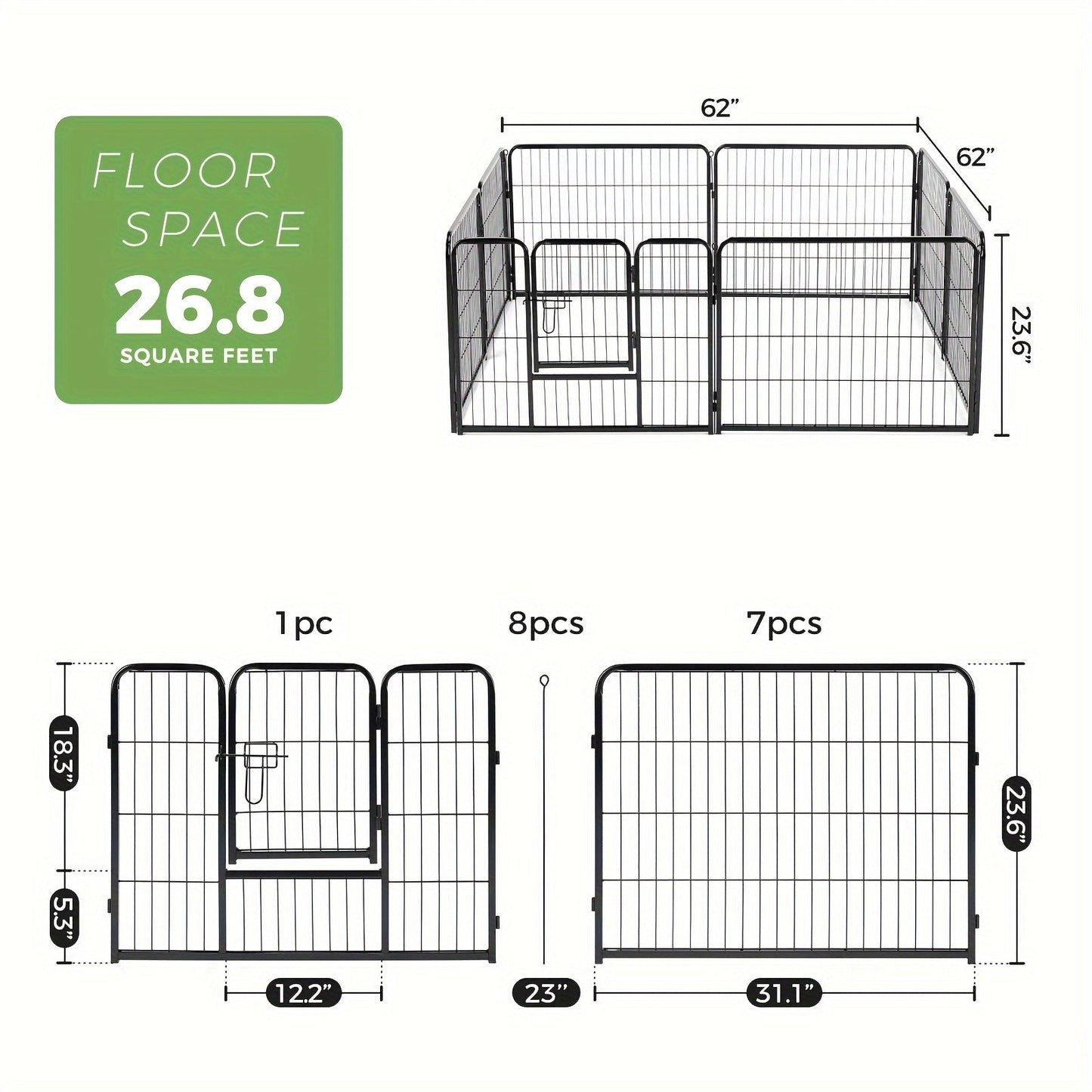 Metal Dog Playpen with Door DIY 8 or 16 Panel Foldable Pet Pen for Small Medium Large Dogs Puppies Easy Assemble Indoor Outdoor Use 24 32 40 Inch Height