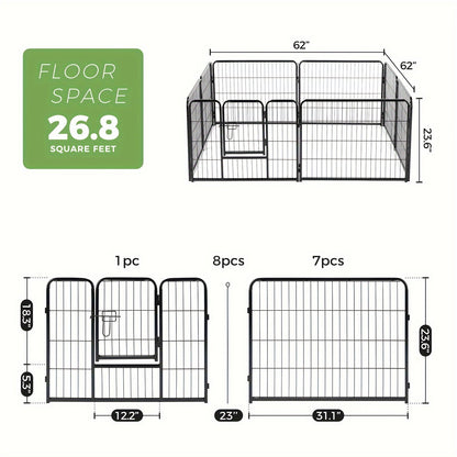 Metal Dog Playpen with Door DIY 8 or 16 Panel Foldable Pet Pen for Small Medium Large Dogs Puppies Easy Assemble Indoor Outdoor Use 24 32 40 Inch Height