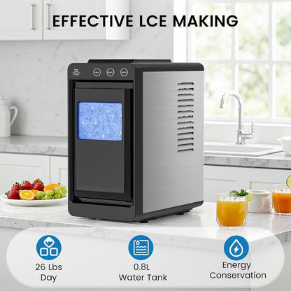 Portable Ice Machine – 28 Lbs/24Hrs, 8 Ice Cubes in 6 Mins, Self-Cleaning, Quiet Compact Countertop Ice Maker with 27oz Tank, 1.1lb Storage Basket & Scoop for Home, Kitchen, Camping & RV