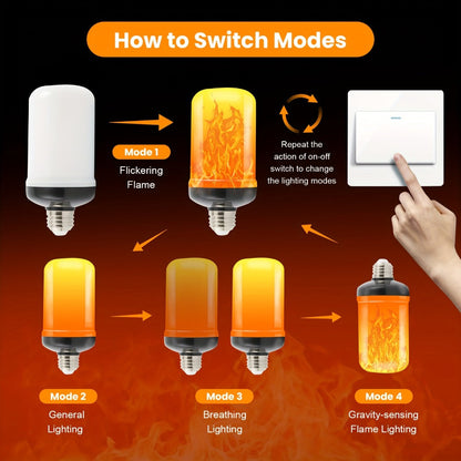 Flame Effect Light Bulb E26 Gravity Flicker 51 LEDs 3W with 4 Modes – Fire Effect Flickering Bulb for Christmas Halloween Indoor Fireplace Decor Atmosphere Lighting, Yellow, 2-Pack
