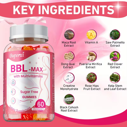 BBL Booty Gummies with Saw Palmetto & Wild Yam — Plant-Based Natural Curves Fuller Hips & Feminine Silhouette Support Supplement for Women | 60 or 120 Gummies