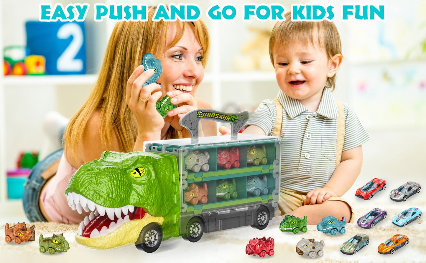 Dinosaur Truck Toys 13-in-1 Transport Carrier with 63-Inch Foldable Race Track | 6 Dino Cars + 6 Die-Cast Cars | 2-Player Racing Mode | Kids Birthday Christmas Gift
