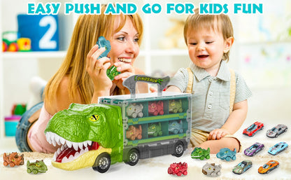 Dinosaur Truck Toys 13-in-1 Transport Carrier with 63-Inch Foldable Race Track | 6 Dino Cars + 6 Die-Cast Cars | 2-Player Racing Mode | Kids Birthday Christmas Gift