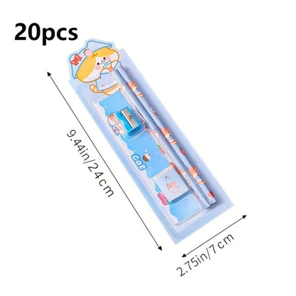 20-Piece Cartoon Pencil Stationery Set with Ruler Eraser Sharpener, Random Cartoon Styles, Kids School Supplies, Party Favor Prizes, Festival Gift Set for Students