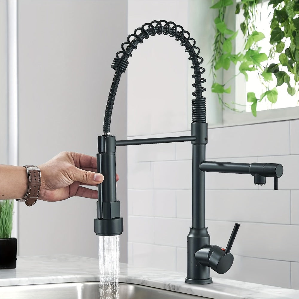 Kitchen Faucet with Pull Down Sprayer Single Handle Single Hole High Arc Spring Commercial Sink Faucet – 360° Swivel Splash-Proof Nozzle, Matte Black Chrome Brushed Nickel, Modern Monobloc Mixer Tap