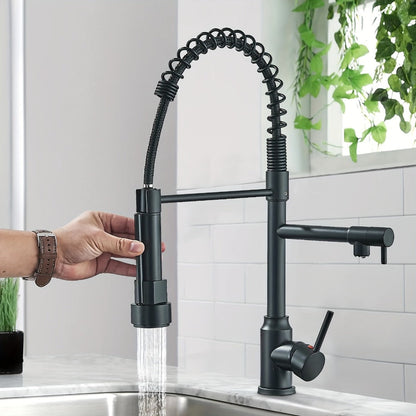 Kitchen Faucet with Pull Down Sprayer Single Handle Single Hole High Arc Spring Commercial Sink Faucet – 360° Swivel Splash-Proof Nozzle, Matte Black Chrome Brushed Nickel, Modern Monobloc Mixer Tap