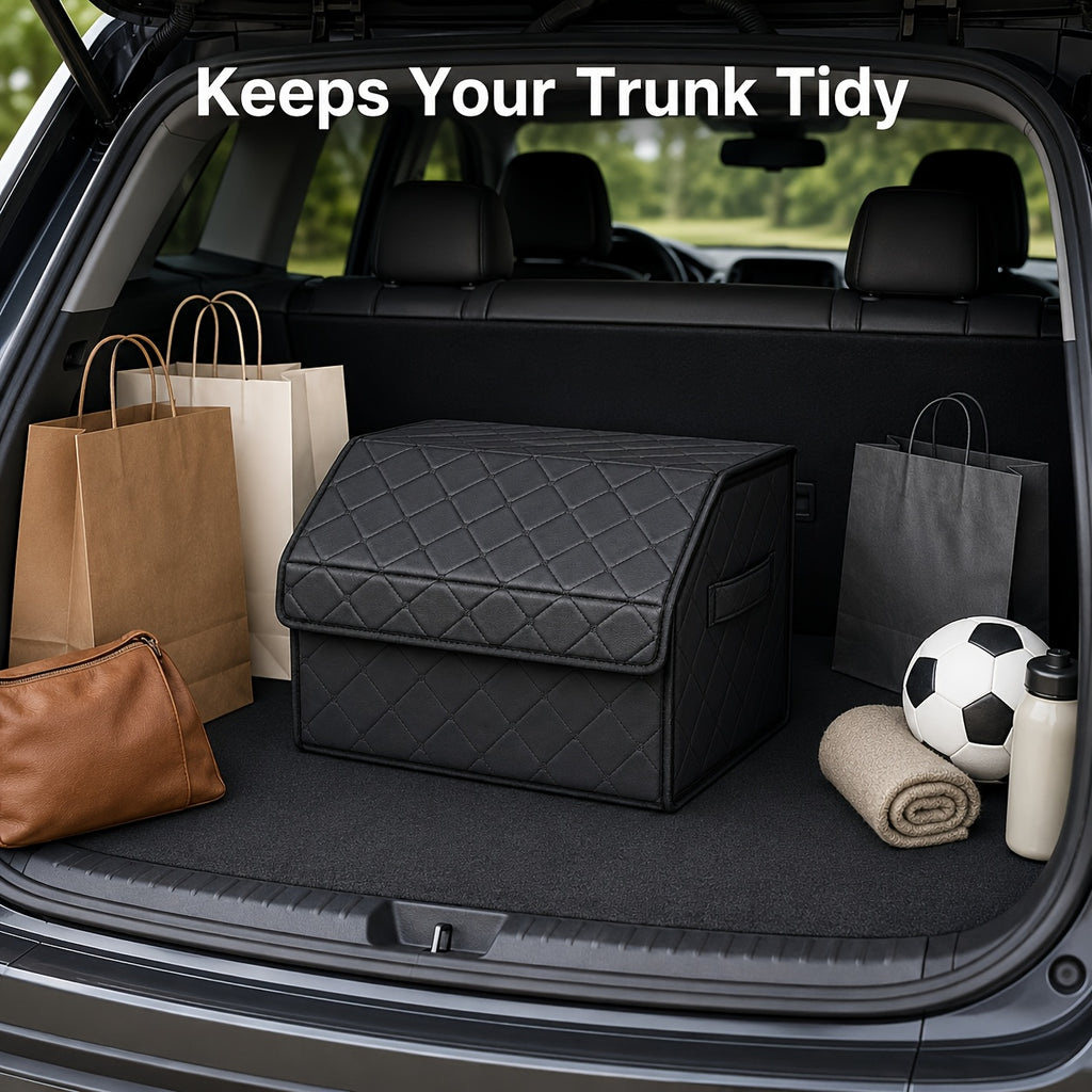 Faux Leather Car Trunk Organizer with Lid, Keep Your Trunk Tidy, Foldable Large Capacity Cargo Storage Box for Groceries, Tools, Sports Gear, Travel Essentials, Suvs, Sedans, And Trucks