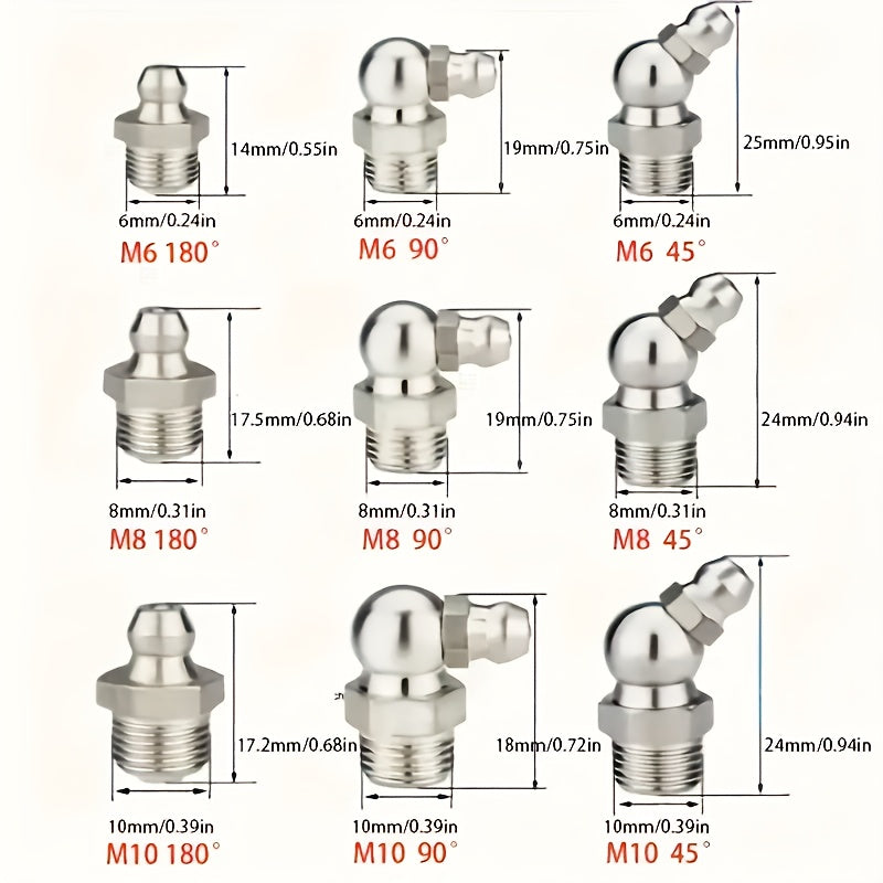 200pcs Steel Grease Nozzle Set - M6, M8, M10 Thread Types, Straight And Elbow Grease Nozzle Connectors for Machinery, Hex Bolt Head 45° 90° 180°, with Red Dust Caps