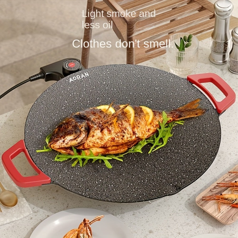Korean BBQ Grill Pan – Round Non-Stick Multi-Functional Electric Grill Pan with Red Handle & Adjustable Settings, Home & Outdoor BBQ Pot for Family Gatherings, Available in 14.17" & 15.75"