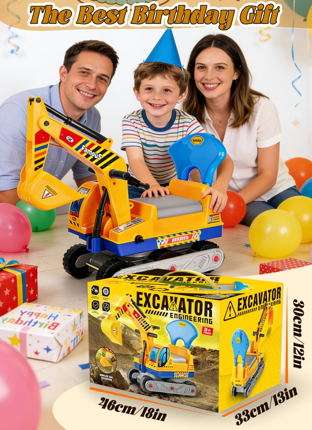 Ride-On Excavator Toy for Kids with Manual Digging Arm – Sit-In Construction Vehicle Scooter for Boys Girls Ages 3+ Outdoor Sandbox Digger Birthday Gift Supports up to 52.7 lbs