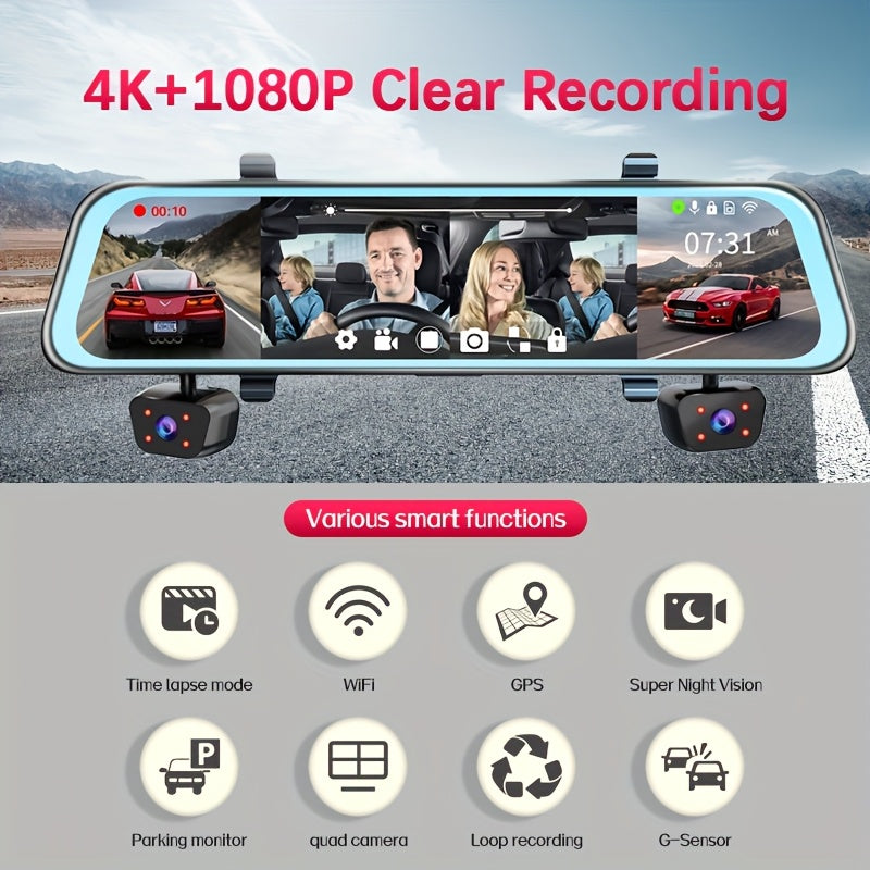 11.66" Rearview Mirror Dash Camera for Vehicles Featuring a Touch Screen, Wifi, GPS, And Multi-Functionality. It Includes a 360° Camera, 4K+1080P Recording for Front, Back, Left, And Right Views, a Night Vision G-Sensor, Loop Recording