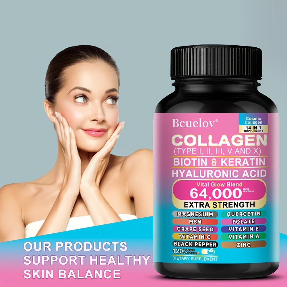 Collagen Capsules Types I II III V X with Biotin Keratin Hyaluronic Acid — Supports Skin Elasticity Hair Growth & Nail Strength | Anti-Aging Beauty Supplement | 120 Capsules