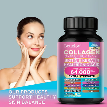Collagen Capsules Types I II III V X with Biotin Keratin Hyaluronic Acid — Supports Skin Elasticity Hair Growth & Nail Strength | Anti-Aging Beauty Supplement | 120 Capsules