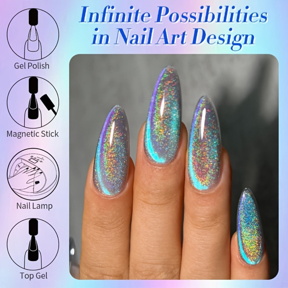 9D Cat Eye Gel Nail Polish Holographic Rainbow Swirl 10ml – Magnetic Multi-Dimensional Sparkle, Soak-Off UV LED Semi-Permanent 30-Day Wear, Salon Quality Nail Art for Women DIY Home Manicure