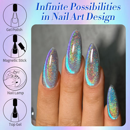 9D Cat Eye Gel Nail Polish Holographic Rainbow Swirl 10ml – Magnetic Multi-Dimensional Sparkle, Soak-Off UV LED Semi-Permanent 30-Day Wear, Salon Quality Nail Art for Women DIY Home Manicure