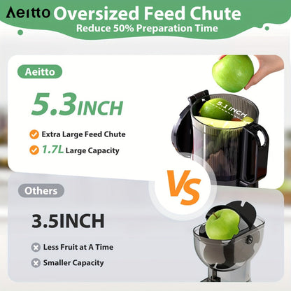 Cold Press Slow Juicer Machine with 5.3-Inch Large Feed Chute - High Juice Yield, Safety Lock, One-Click Cleaning, Masticating Juicer for Whole Fruits & Vegetables, Family Healthy Lifestyle, Black