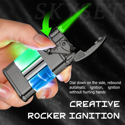 Green Flame Metal Lighter Windproof – Refillable Butane Gas Lighter with Adjustable Flame, Fuel Window & Rocker Arm Ignition, Cool Multifunctional Lighter for Outdoor Camping BBQ Cigars (No Butane)