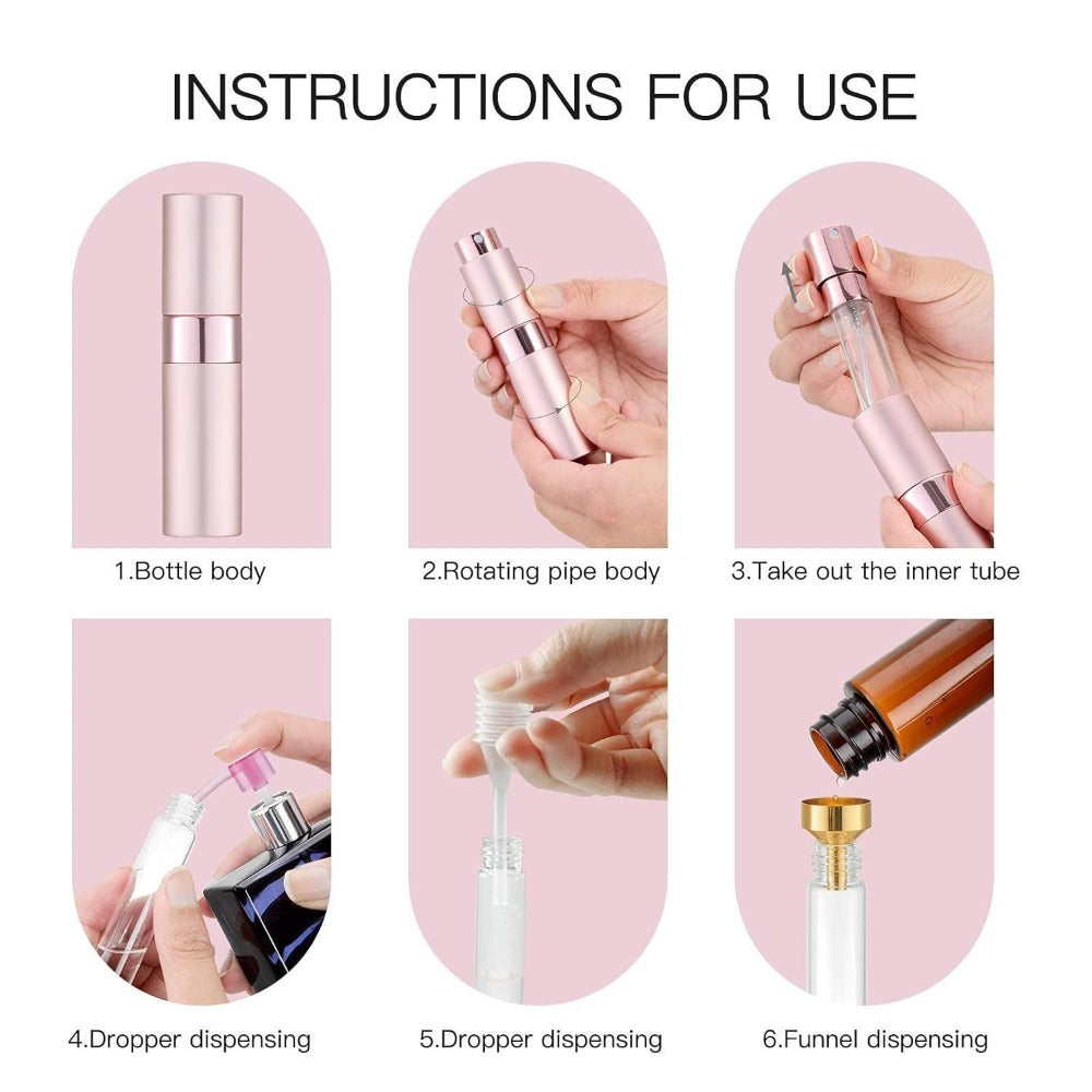 Refillable Perfume Atomizer Travel 5 Pack – 8ml Mini Cologne Sprayer Bottles with Cap-Free Twist Design, Leak-Proof Aluminum & Glass Portable Pocket Perfume Dispenser in 5 Colors for Women & Men
