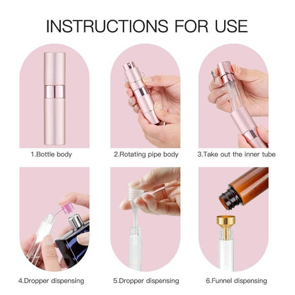 Refillable Perfume Atomizer Travel 5 Pack – 8ml Mini Cologne Sprayer Bottles with Cap-Free Twist Design, Leak-Proof Aluminum & Glass Portable Pocket Perfume Dispenser in 5 Colors for Women & Men