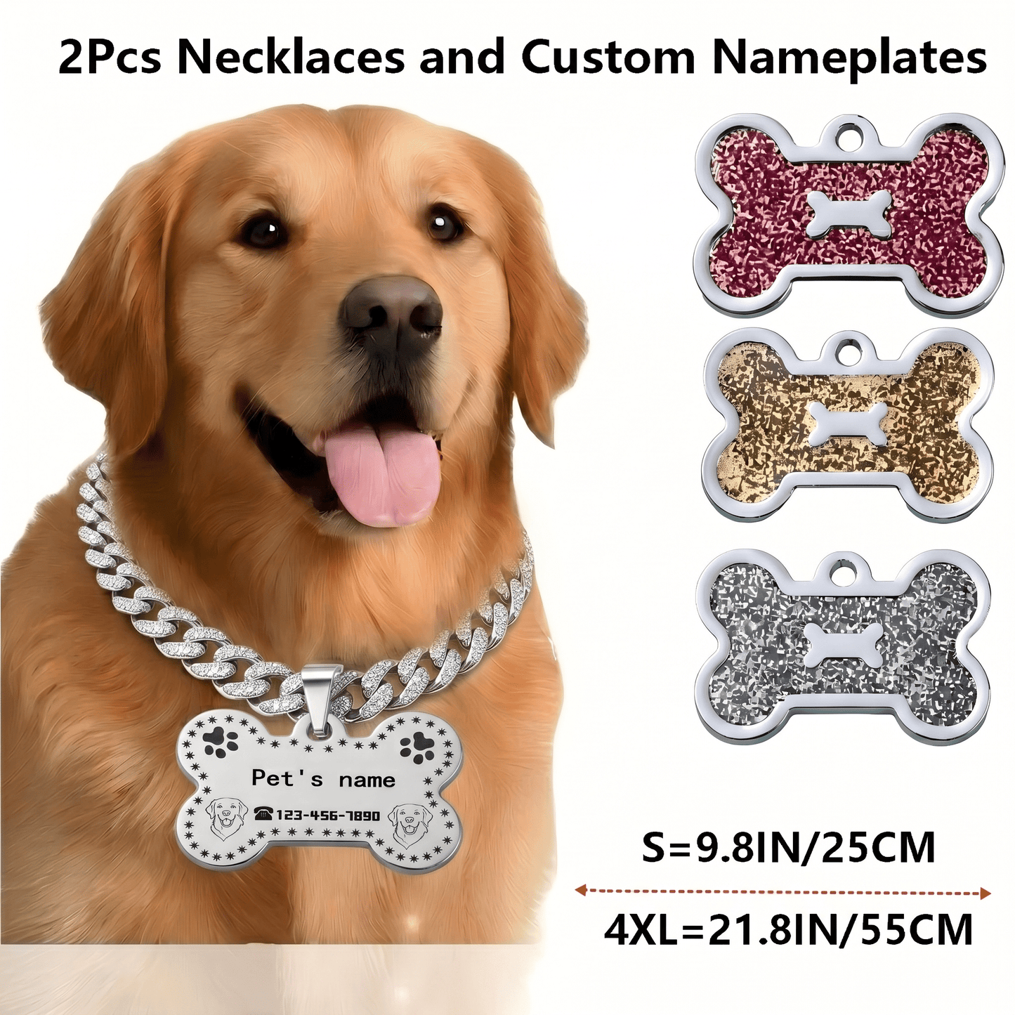 Pet ID Tag & Cuban Link Collar Set – 2pcs Engravable Bone-Shaped Tag with Rhinestone Collar for Dogs & Cats S to 4XL