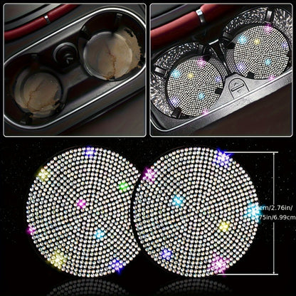 Rhinestone Car Accessories Set for Women 8 Pcs – Bling Steering Wheel Cover Cup Coasters Seat Belt Pads Shift Knob Cover Starter Rings – Multicolor Pink Purple