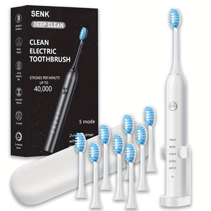 Sonic Electric Toothbrush – 5 Vibration Modes, Soft Bristle, Type-C Fast Charging, Waterproof, Deep Clean & Teeth Whitening Rechargeable Power Toothbrush for Men & Women, 4 or 8 Brush Heads