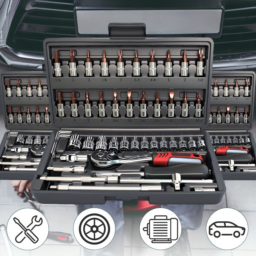 45/53pcs Tool Collection, Premium Professional Vehicle/Motorbike Repair Toolkit, 1/4 Inch Drive Deep And Standard Wrench Collection, Racing-Quality Vehicle Components Repair Ratchet Wrench And Additional Vehicle Repair Additions Toolkit