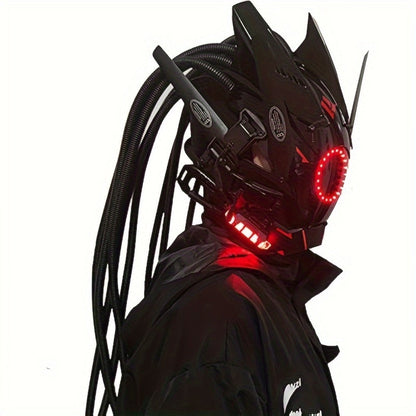 LED Punk Mask with Tubular Braids & Helmet – Futuristic Sci-Fi Mechanical Cosplay Mask for Halloween, Rave Music Festival & Party, Blue Green Pink, Handmade TPU PC Unisex Adult Costume Prop