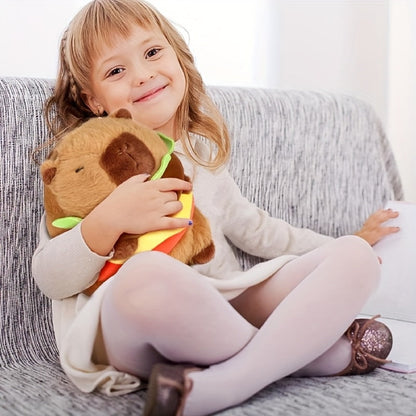 Capybara Plush Stuffed Animal Hamburger Burger Hat Funny Kawaii Soft Plush Toy Couch Pillow Doll Unique Meme Gift for Kids Teens Adults Birthday Christmas Holiday