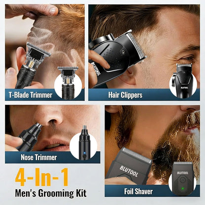 Hair Clipper & Trimmer Set 4-Piece for Men — Professional Barber Kit with Nose Trimmer, Detail Trimmer, Guide Comb, LED Display & USB Rechargeable, Home & Travel Grooming Gift