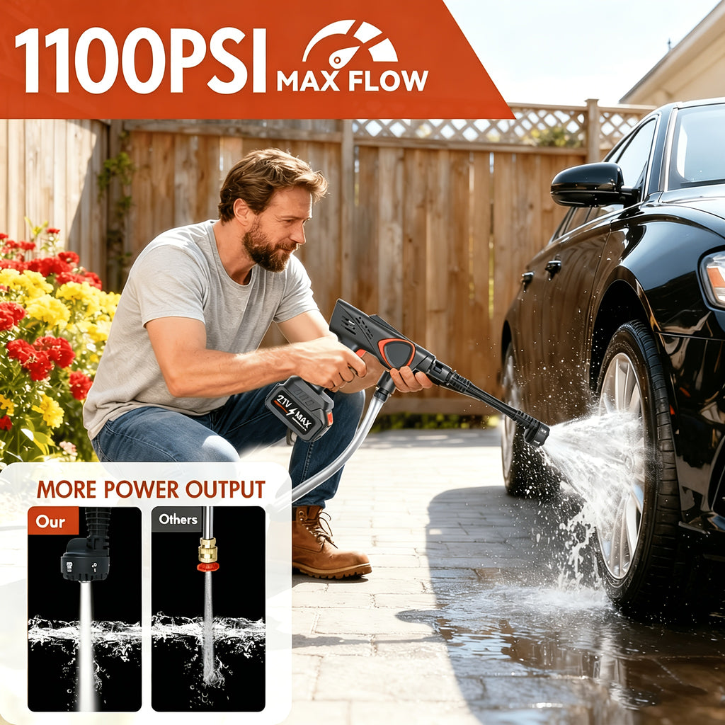 Cordless Power Washer 21V 1100PSI, High Pressure Water Gun with Pure Copper Motor, 6 Adjustable Spray Modes, 4000mAh Battery, 196.85inch Hose, Faucet & Bucket Intake, Black/Yellow, for Car Fence Garden Washing