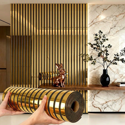 3D Mirror Slat Wall Panel Self-Adhesive Peel and Stick Gold Silver Metallic Grid Wall Sticker for TV Background Wall Ceiling Curved Edges Home Decor Art Easy Install