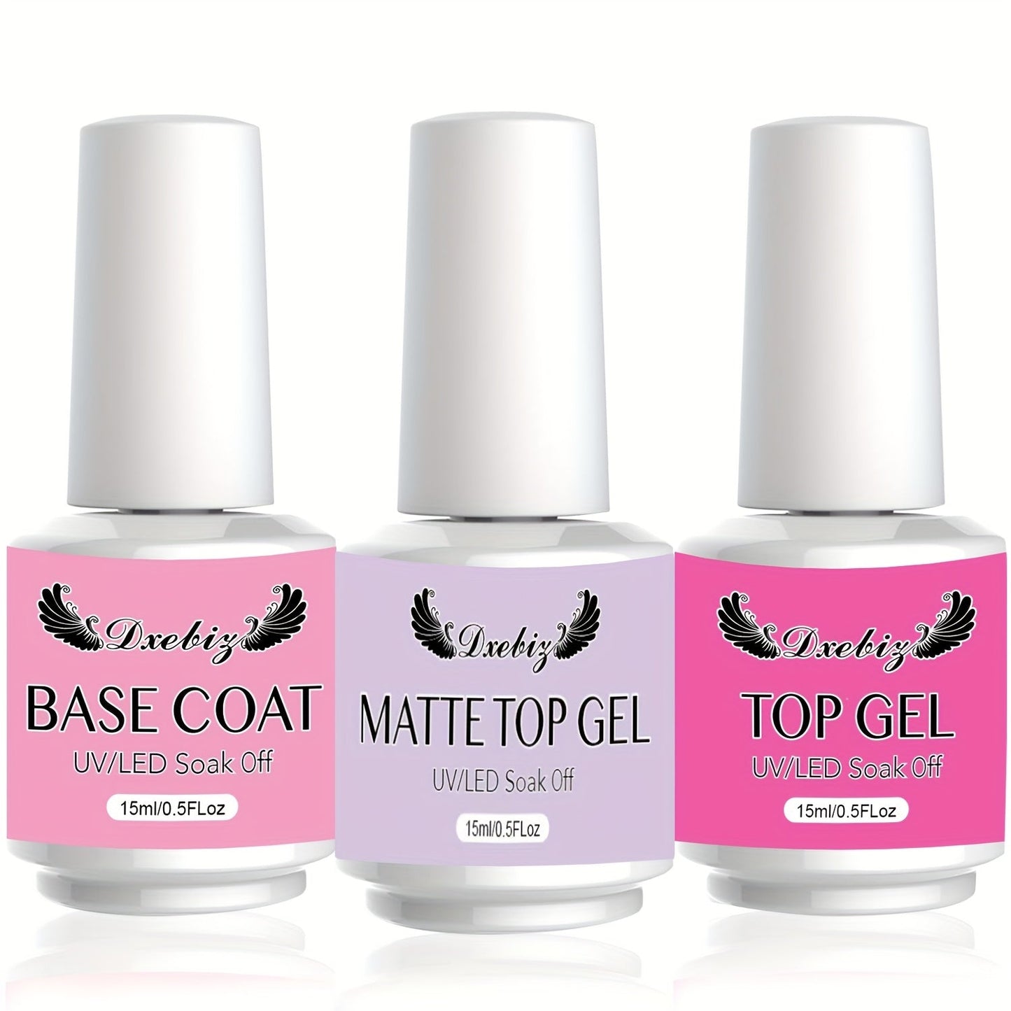 Gel Nail Base & Top Coat Kit 3pcs No-Wipe Glossy & Matte Top Coat + Base Gel — Long-Lasting Soak-Off LED Salon Nail Art Complete System 0.51oz Each for Home & Salon