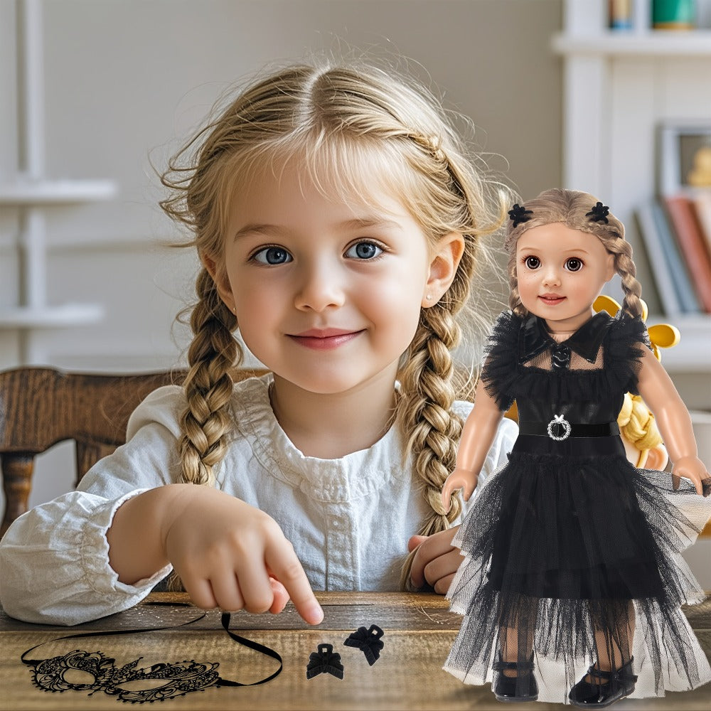 18 Inch Doll Halloween Costume Black Tulle Cake Dress with Black Bow Hair Clip – Movie Inspired Spooky Party Outfit for 16-18 Inch Dolls No Doll Included Creative Gift for Kids Ages 3+ Birthday Halloween