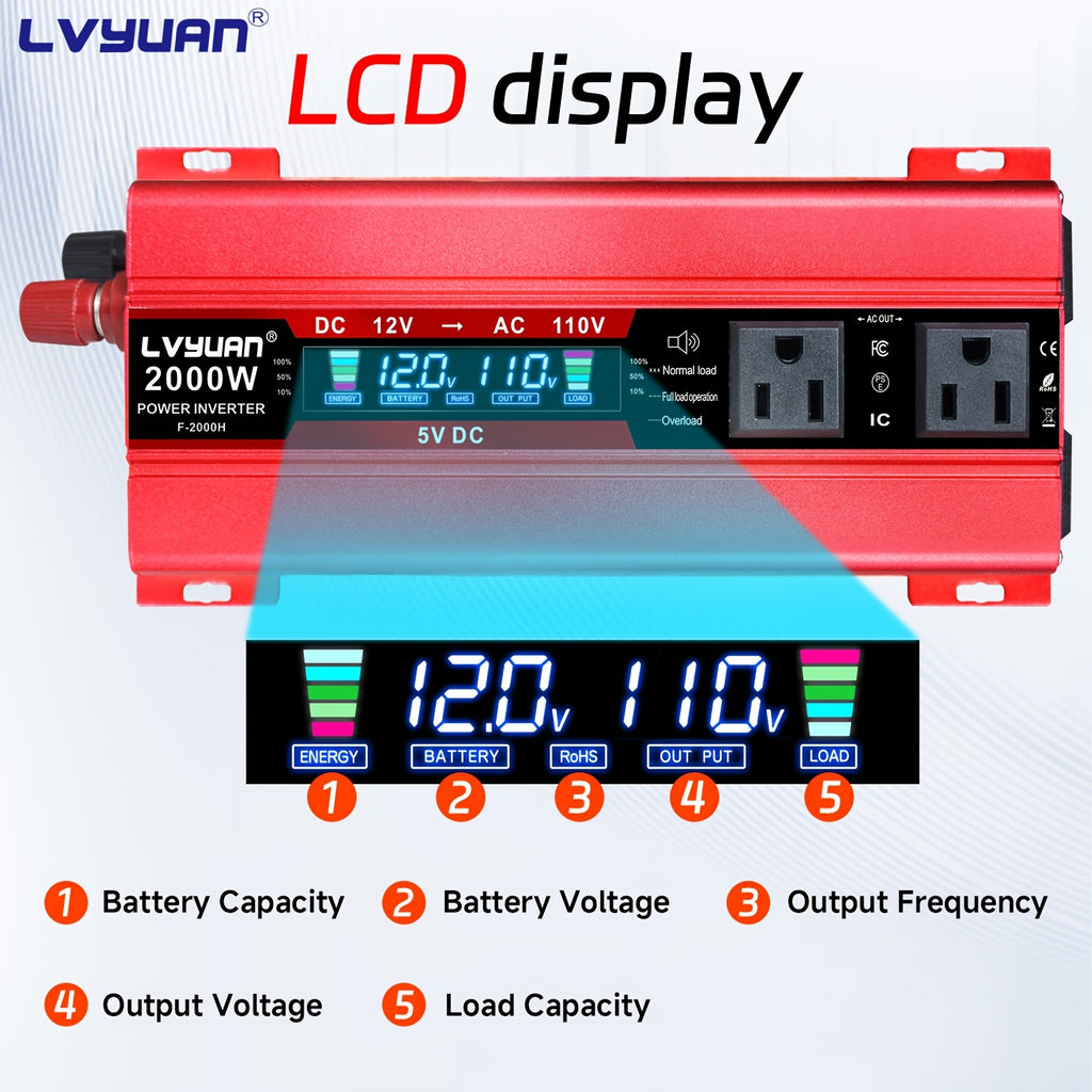 LVYUAN Car Power Inverter 2000W(Peak)1000W 12V to 110V DC to AC with 4 US Sockets, LCD Display, USB Ports for Car, Home, Outdoor, Camping Red