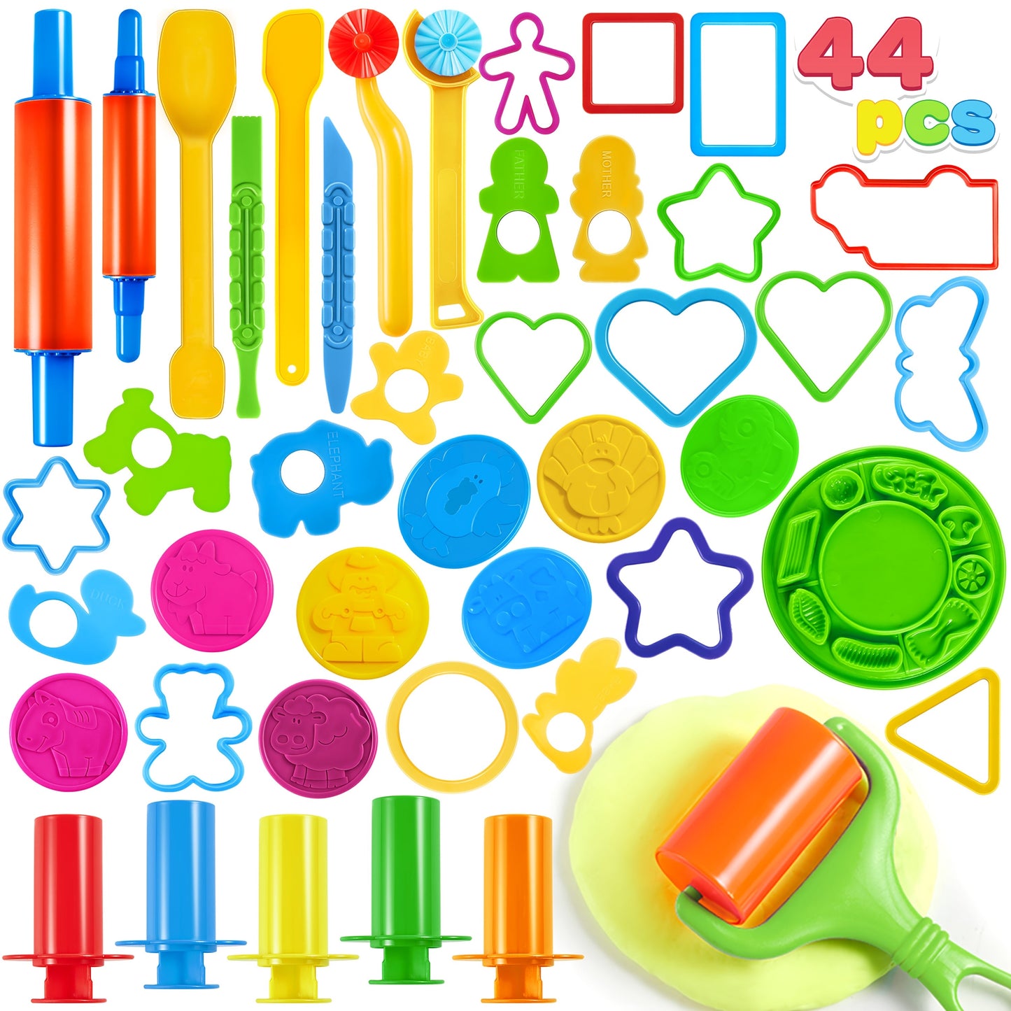 44-Piece Kids Clay Tools Set with Molds, Rolling Pins & Cutters – Non-Toxic Dough Accessories for Toddlers & Preschoolers, Easy-Grip Handles, Party Favor, Birthday Christmas Gift