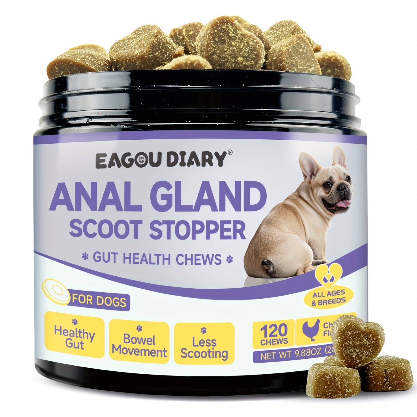 Dog Anal Gland Support Chews 120ct – Fiber Supplement for Scooting Relief with Pumpkin, Psyllium Husk, Probiotics & Dandelion – Digestive & Gut Health Soft Chews for All Breeds & Ages