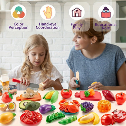 78 Pcs Kids Kitchen Toy Set with Storage Bag - Pretend Play Dinnerware, Fake Fruits & Vegetables, Plastic Accessories, Educational Role Play Gift for Boys Girls Ages 3+