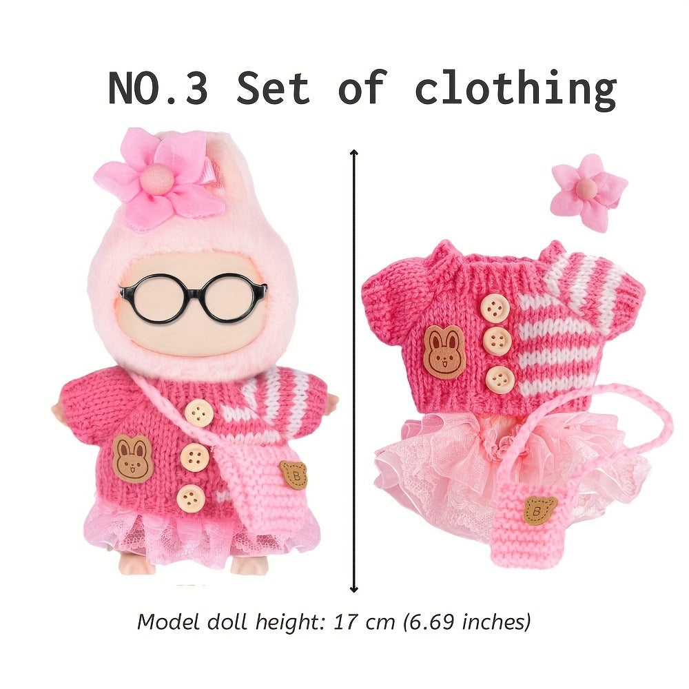 Labubu Doll Clothes 3 Sets Knit Tops Bubble Tulle Skirts Floral Hair Clips Bags for 17cm Plush Dolls Fashion Outfit Gift for Girls Kids Ages 3+ Birthday Christmas